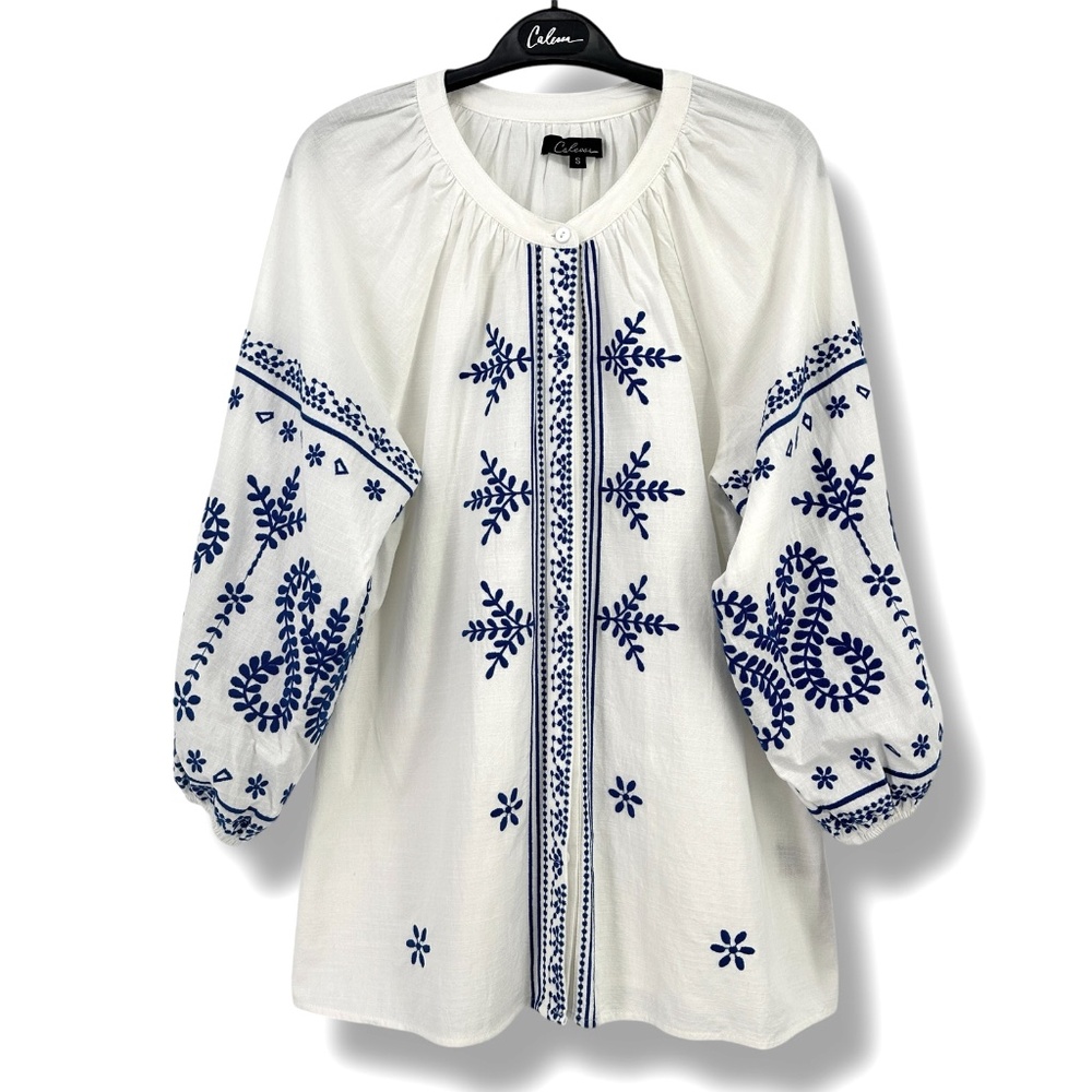 Calessa Blue Embroidered Crew Neck 3/4 Sleeve Peasant Tunic Shirt - Large